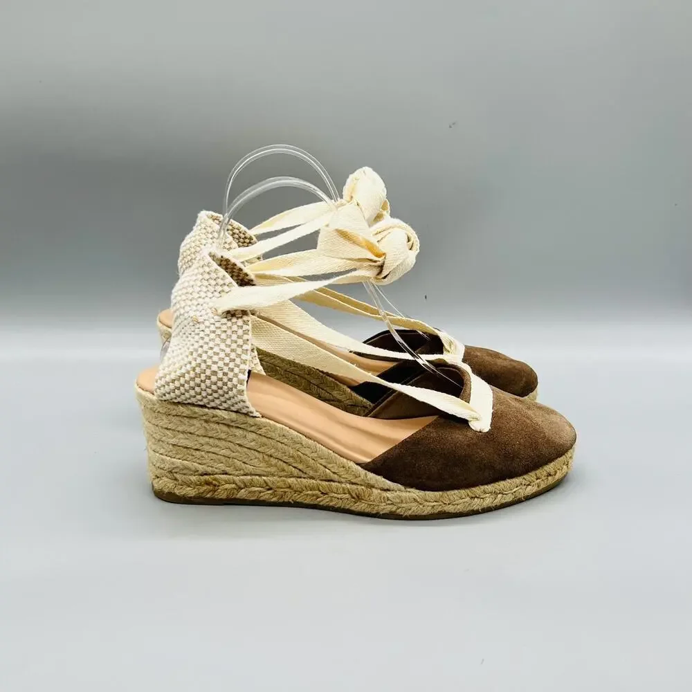 Gaimo Sandals Womens 9 Brown Suede Espadrille Ankle Tie Wedge Closed Toe Shoes
